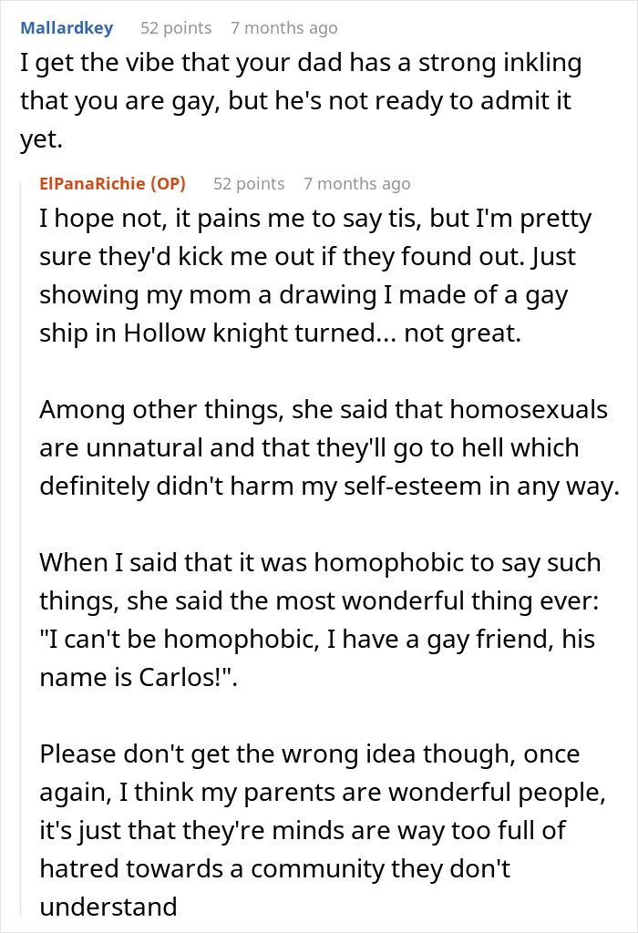 Conversation screenshot showing a secretly gay teen sharing experiences with homophobic parents and respect challenges online. Conversation screenshot showing a secretly gay teen sharing experiences with homophobic parents and respect challenges online.