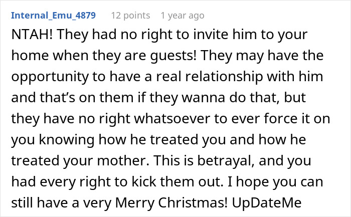 Comment expressing strong support for guy kicking siblings out after they revealed surprise plans, calling it betrayal. Comment expressing strong support for guy kicking siblings out after they revealed surprise plans, calling it betrayal.