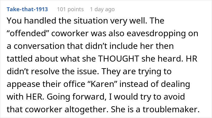 Comment discussing a triggered black coworker involving HR after a man takes a call speaking Korean at work. Comment discussing a triggered black coworker involving HR after a man takes a call speaking Korean at work.