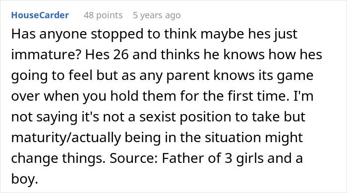 Comment discussing immaturity and sexist views on loving only boys, from a father of three girls and a boy. Comment discussing immaturity and sexist views on loving only boys, from a father of three girls and a boy.