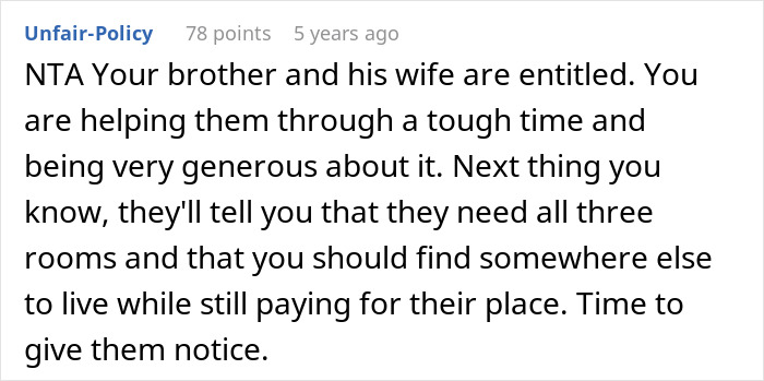 Comment discussing entitled behavior of brother and his wife while woman tries to help them during a tough time.