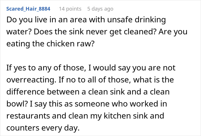 User comment about concerns over unsafe water, raw chicken, and kitchen cleanliness causing loss of appetite related to how mother-in-law prepares chicken. User comment about concerns over unsafe water, raw chicken, and kitchen cleanliness causing loss of appetite related to how mother-in-law prepares chicken.