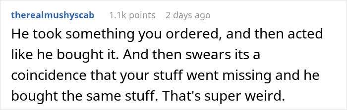 Screenshot of a Reddit comment about a woman confused by Christmas gifts matching items that went missing earlier from her boyfriend.