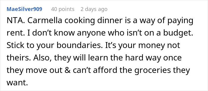 Comment discussing mom accused of embarrassing son’s girlfriend who offered to cook meals as a way of paying rent. Comment discussing mom accused of embarrassing son’s girlfriend who offered to cook meals as a way of paying rent.