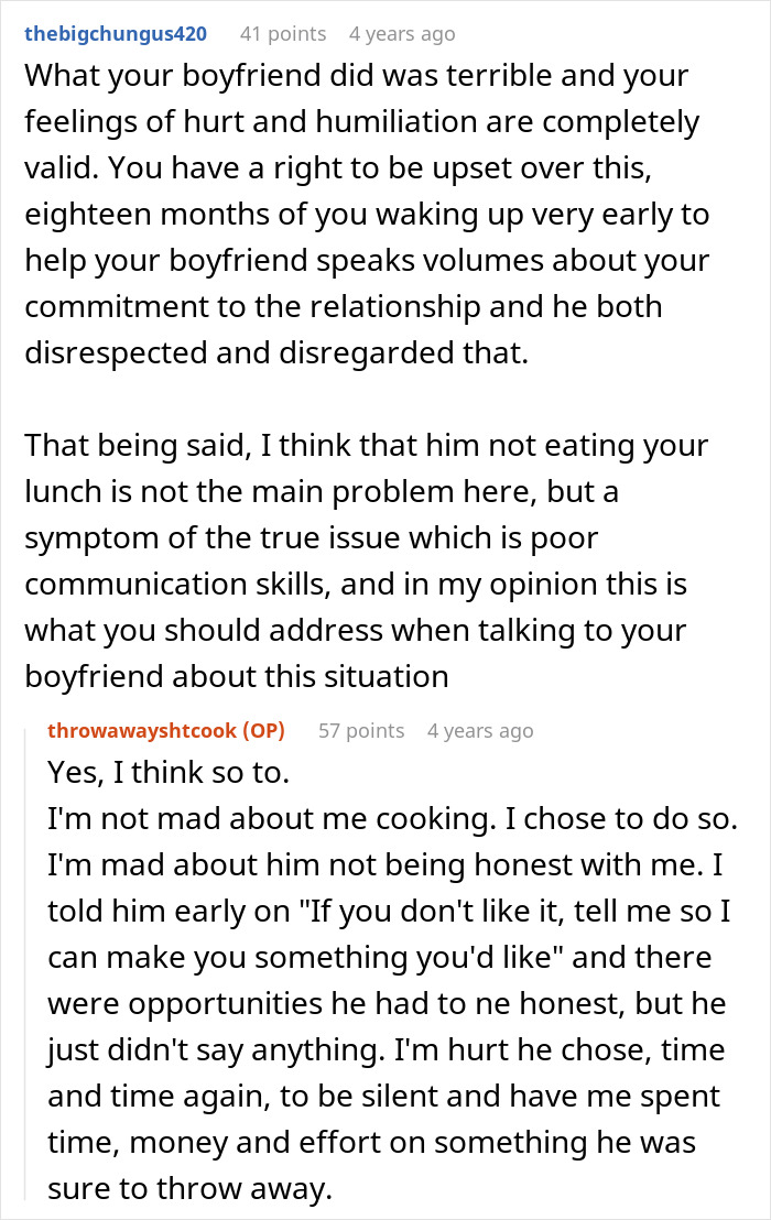 Text conversation about woman upset with boyfriend for throwing away cooked lunches, highlighting hurt feelings and communication issues. Text conversation about woman upset with boyfriend for throwing away cooked lunches, highlighting hurt feelings and communication issues.