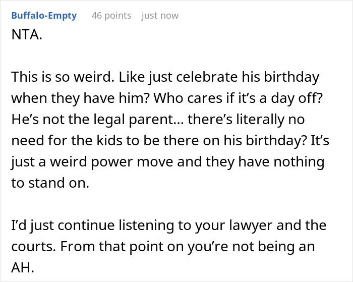 Screenshot of an online discussion about kids custody and relationship issues regarding birthday celebrations. Screenshot of an online discussion about kids custody and relationship issues regarding birthday celebrations.