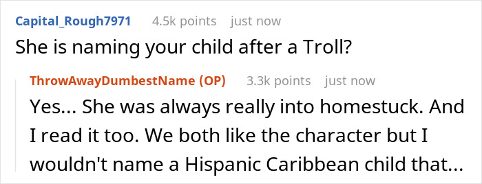 Text conversation about a newborn's unusual name causing tension between a couple, with real Tragedeigh escalating.