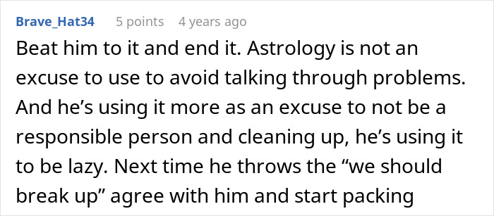 Comment discussing a woman dumping her boyfriend for cheating and his excuse blaming her Cancer zodiac sign.