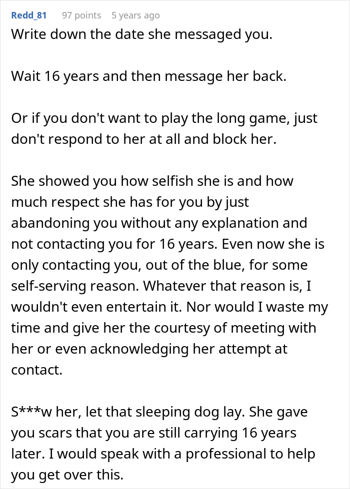 Text post advice on a man left without closure after fianc&eacute; disappears, stressing respect, self-healing, and avoiding contact.