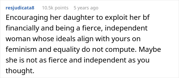 Comment criticizing a wife for teaching their daughter to treat her boyfriend like a personal ATM, highlighting financial exploitation.