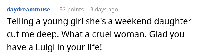 Comment about a teen feeling insecure and finally seeing her stepmother’s true colors in a family conflict discussion. Comment about a teen feeling insecure and finally seeing her stepmother’s true colors in a family conflict discussion.