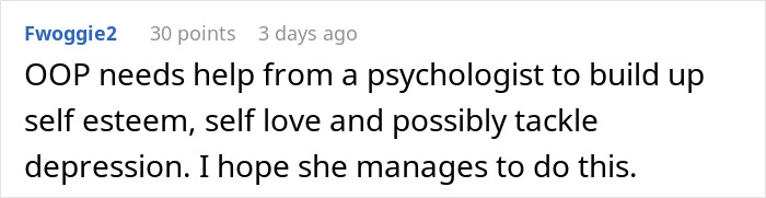 Comment discussing a woman seeking help for self-esteem and depression after finding secret texts from fiancé about appearance. Comment discussing a woman seeking help for self-esteem and depression after finding secret texts from fiancé about appearance.
