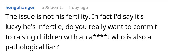 Comment expressing anger about husband’s lie risking future child’s health and fertility concerns on a forum post.