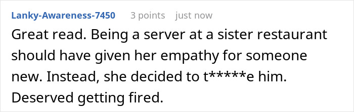 Comment criticizing entitled waitress’s rude behavior and staff serving a perfect dish of revenge in dining out scenario.