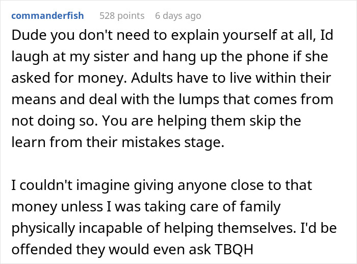 Reddit comment advising against giving brother money, citing wife and family responsibilities and personal limits. Reddit comment advising against giving brother money, citing wife and family responsibilities and personal limits.