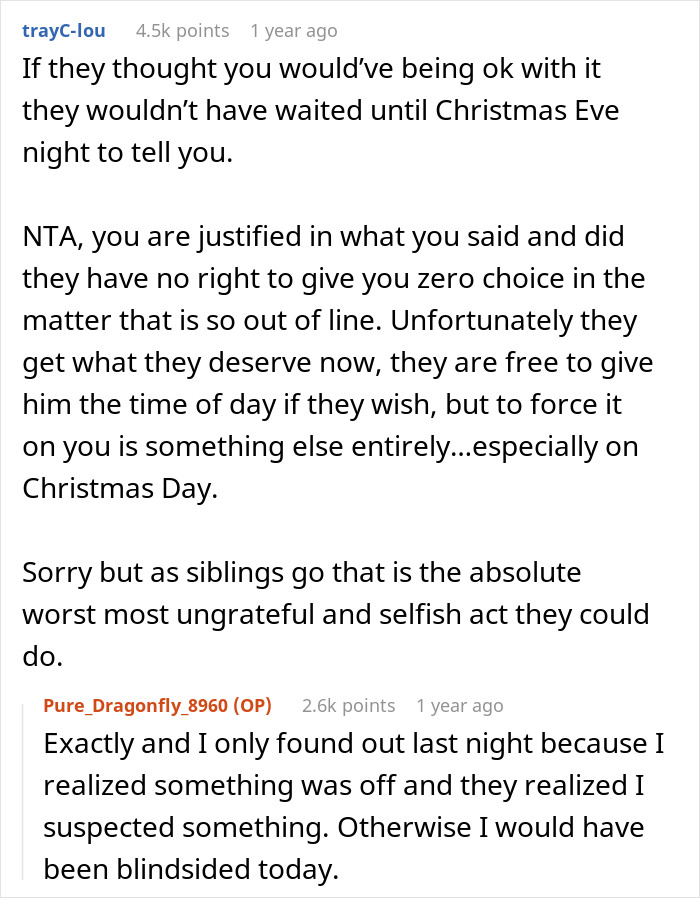 Reddit conversation about a guy kicking siblings out after they reveal a surprise they planned on Christmas Eve. Reddit conversation about a guy kicking siblings out after they reveal a surprise they planned on Christmas Eve.