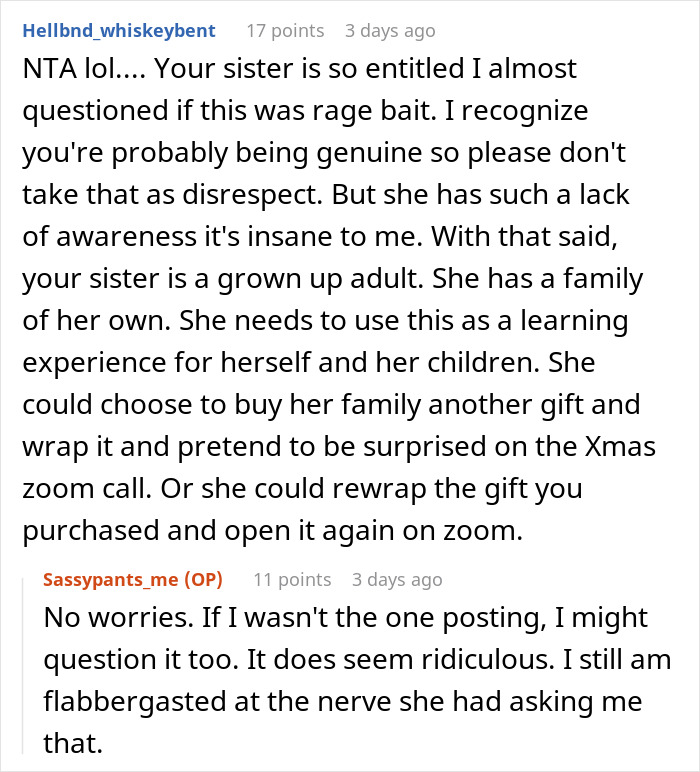 Reddit conversation discussing woman who thinks she deserves another Christmas gift after opening one early, receiving a reality check. Reddit conversation discussing woman who thinks she deserves another Christmas gift after opening one early, receiving a reality check.