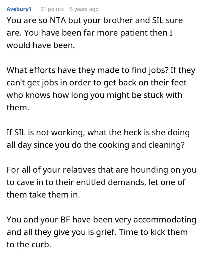 Comment discussing entitled behavior of brother and sister-in-law toward woman trying to help them.