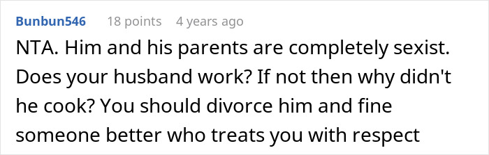 Screenshot of an online comment criticizing a husband and family for sexist behavior and poor treatment of a woman. Screenshot of an online comment criticizing a husband and family for sexist behavior and poor treatment of a woman.