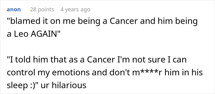 Screenshot of anonymous comment about cheating boyfriend blaming Cancer zodiac sign for emotional issues in astrology-related breakup discussion.