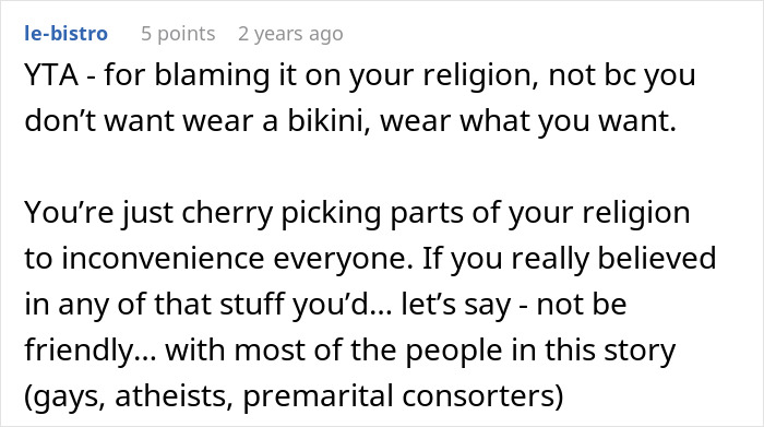 Screenshot of a forum comment debating Muslim DIL and family conflict over bikini at bridal party. Screenshot of a forum comment debating Muslim DIL and family conflict over bikini at bridal party.