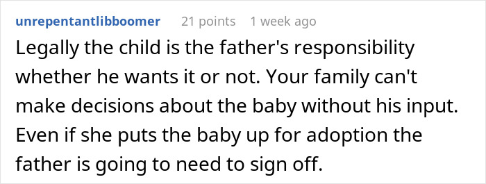 Comment discussing legal responsibility of father for newborn baby despite family disagreements in childfree woman's story
