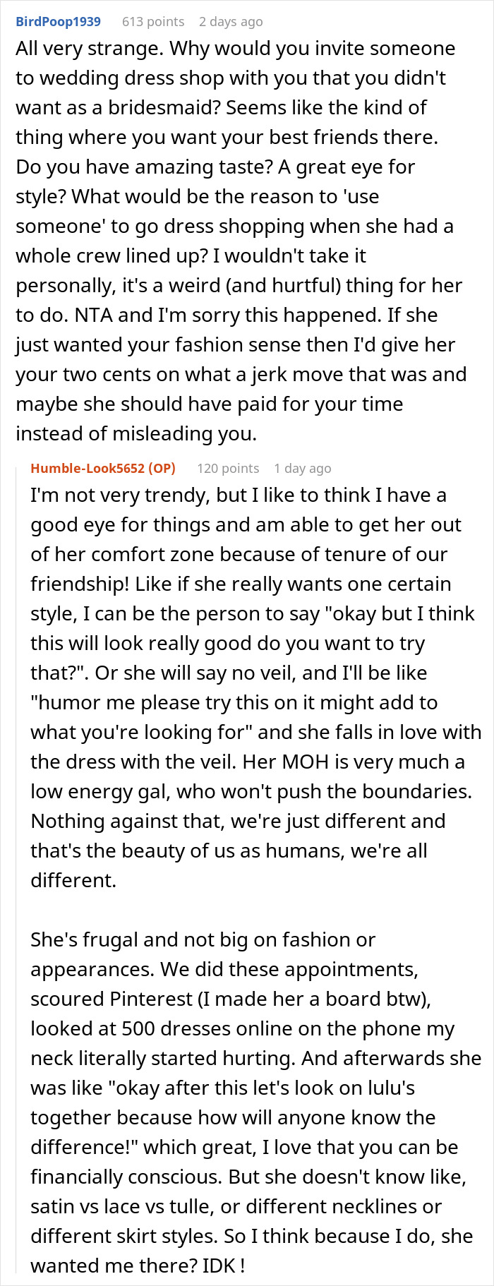 Reddit conversation discussing wedding dress shopping trip turning into a painful friendship wake-up call.