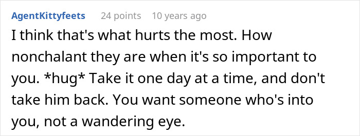 Screenshot of a Reddit comment discussing feelings of hurt when a man loses his girlfriend over a crush at work.