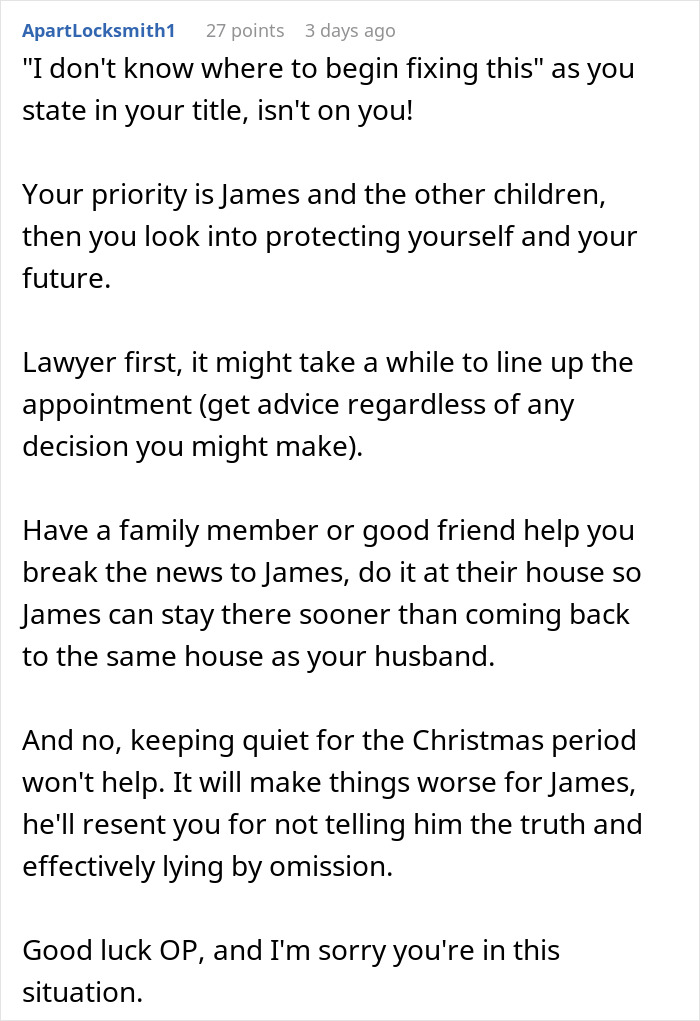 Text of advice message on making legal and family decisions regarding unsure paternity in an affair partner situation.