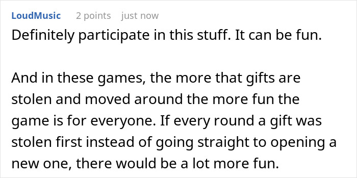 Screenshot of a forum comment discussing fun and stealing gifts in a white elephant gift exchange game. Screenshot of a forum comment discussing fun and stealing gifts in a white elephant gift exchange game.