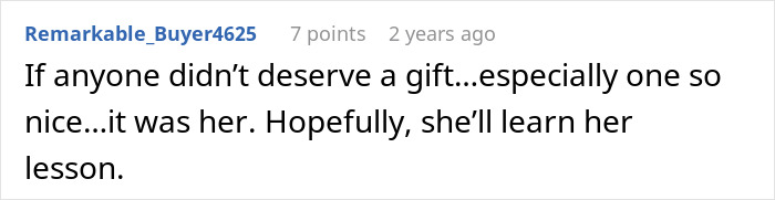Comment text expressing a woman upset about her son’s partner coming without a gift after asking for no tacky little trinkets. Comment text expressing a woman upset about her son’s partner coming without a gift after asking for no tacky little trinkets.
