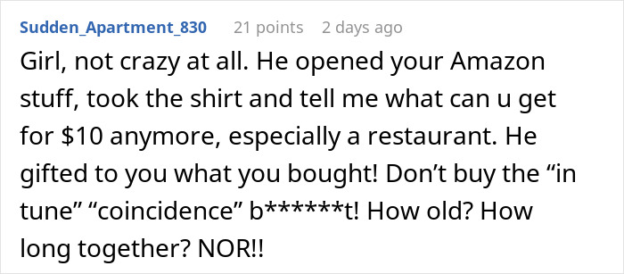 Comment about woman confused about Christmas gifts from boyfriend matching items that went missing earlier in conversation.