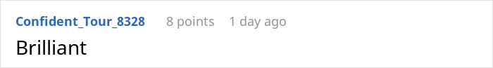 Comment text on a platform showing the word Brilliant by user Confident_Tour_8328 with 8 points and posted 1 day ago