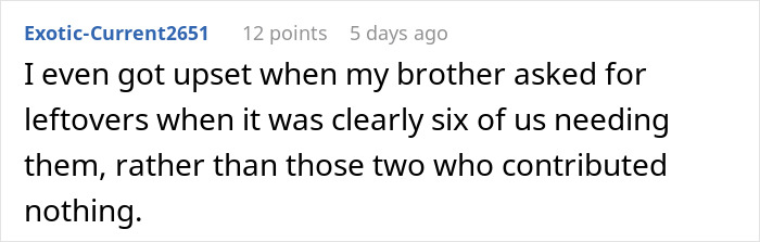 Comment about a couple hosting an expensive Thanksgiving dinner and disappointment over missing leftovers.