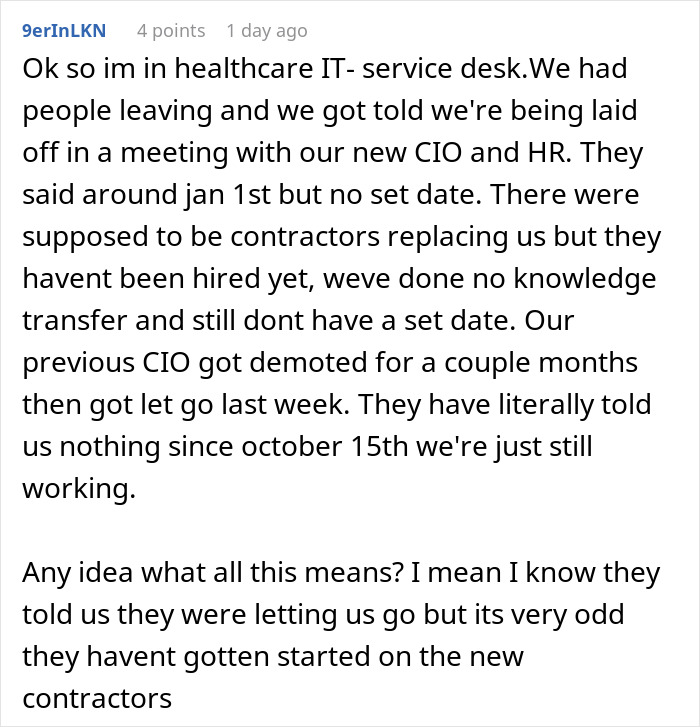Screenshot of a user sharing subtle red flags indicating their healthcare IT job may not be safe, including layoffs and lack of communication.