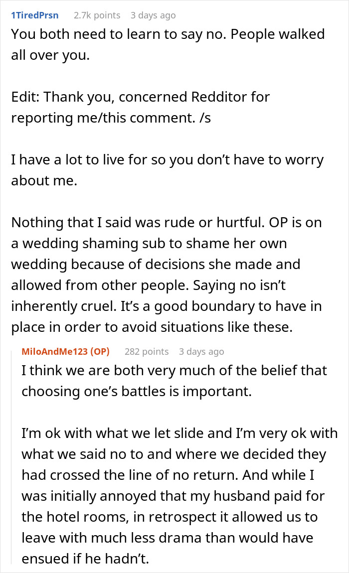 Screenshot of a Reddit discussion about an uninvited guest treating a wedding night like a sleepover.