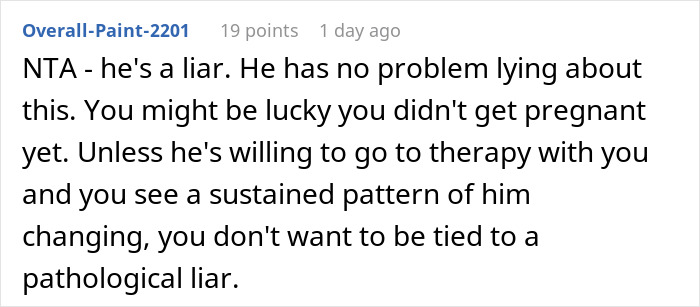 Comment on Reddit accusing husband of lying and risking future child’s health, urging caution before pregnancy.