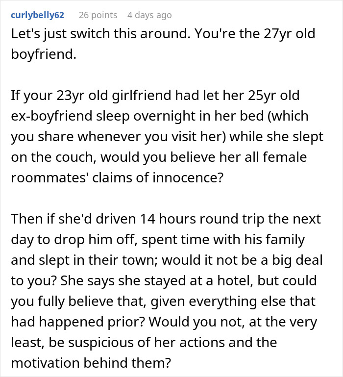 Comment discussing a guy going above and beyond for his ex, raising concerns from his current partner. Comment discussing a guy going above and beyond for his ex, raising concerns from his current partner.