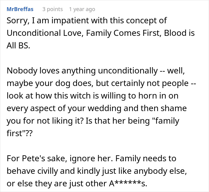 Comment discussing a mother-in-law deciding on a white dress for son's wedding and bride's reaction to photos. Comment discussing a mother-in-law deciding on a white dress for son's wedding and bride's reaction to photos.