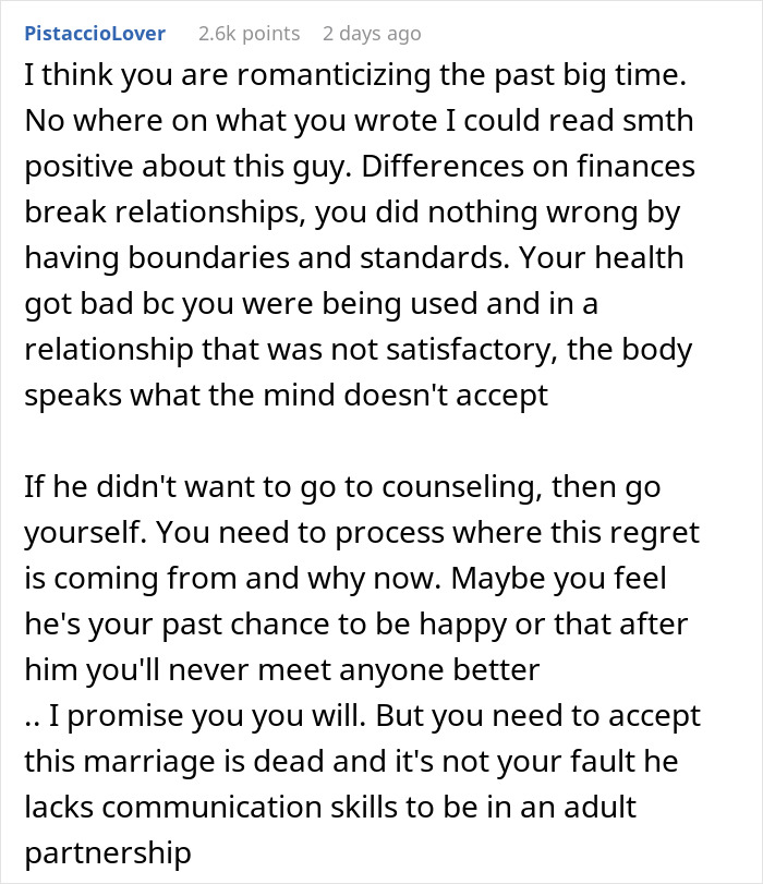 Comment discussing a woman getting a reality check after regretting divorce and romanticizing the past. Comment discussing a woman getting a reality check after regretting divorce and romanticizing the past.