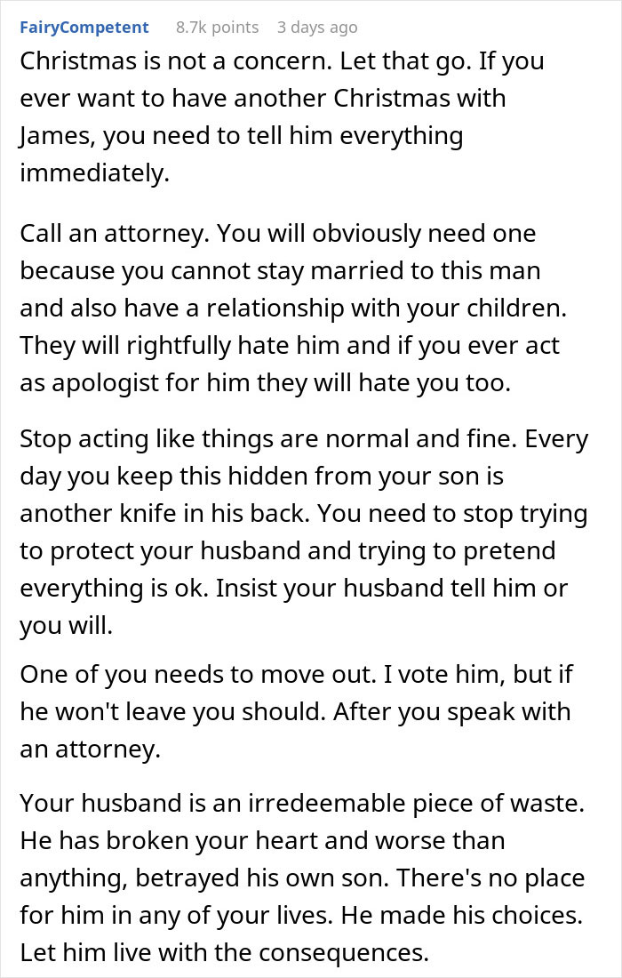 Text showing advice about affair partner&rsquo;s baby and complicated family relationships involving son&rsquo;s recent ex.