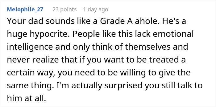 Reddit comment calling out dad for hypocrisy after cutting off late wife’s family then demanding they accept his new baby. Reddit comment calling out dad for hypocrisy after cutting off late wife’s family then demanding they accept his new baby.