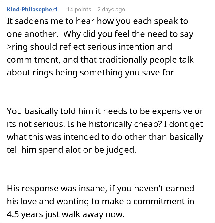 Reddit comment discussing man telling girlfriend she must earn engagement ring after 4.5 years, sparking relationship drama.