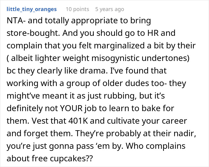 Comment discussing office potluck store-bought dessert drama and advice on handling workplace tension and HR complaints.