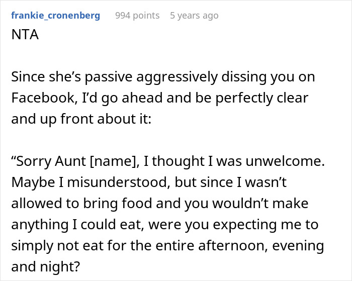 Screenshot of a forum comment addressing no vegan options at Christmas Eve dinner and discussing food restrictions and family conflict. Screenshot of a forum comment addressing no vegan options at Christmas Eve dinner and discussing food restrictions and family conflict.