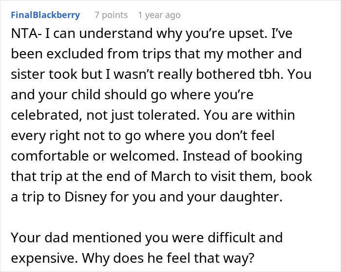 Comment from Reddit user discussing mom furious after dad and stepmom plan Disney trip excluding her and her 9-year-old daughter.