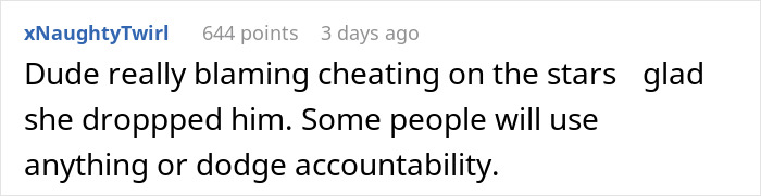 Screenshot of a forum comment about a woman dumping her cheating boyfriend blaming astrology and Cancer traits.