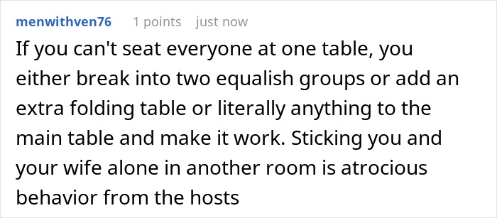 Commenter discussing parents letting friends sit at main table for Thanksgiving while son is annoyed at overflow table seating. Commenter discussing parents letting friends sit at main table for Thanksgiving while son is annoyed at overflow table seating.