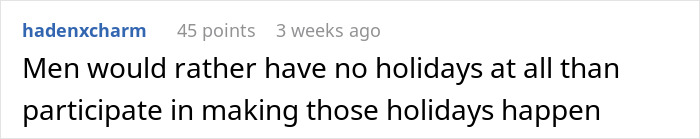 Text post from user hadenxcharm stating men prefer no holidays over helping with holiday labor, highlighting feminism and moms' efforts. Text post from user hadenxcharm stating men prefer no holidays over helping with holiday labor, highlighting feminism and moms' efforts.