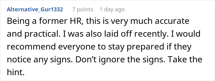 Comment about job insecurity and subtle red flags, urging workers to recognize signs and stay prepared for layoffs. Comment about job insecurity and subtle red flags, urging workers to recognize signs and stay prepared for layoffs.